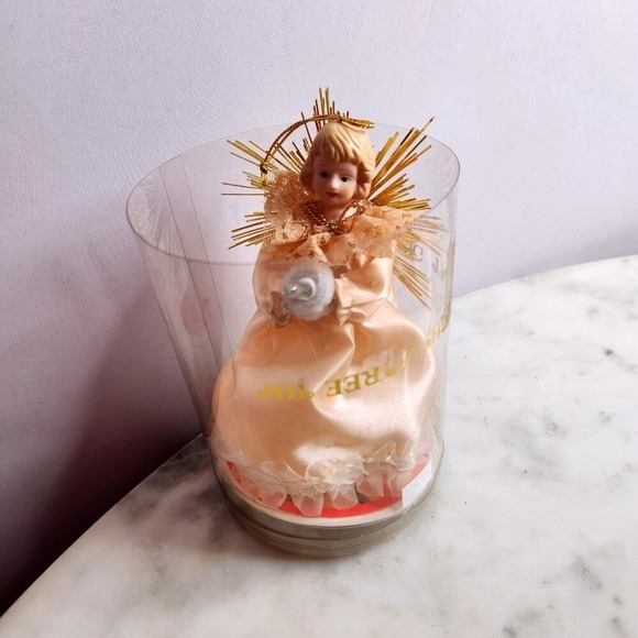 Vintage Pigtail Angel Christmas Tree Topper Light Up Blonde Hair Peach Dress - Picture 2 of 7